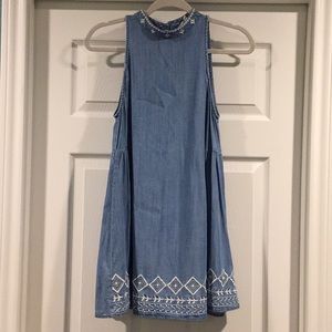 Embroidered Blue Denim High Neck Dress